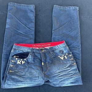 Vintage Y2K Crown Holder Baggy Jeans 38x34 Embroidered Hip Hop Streetwear